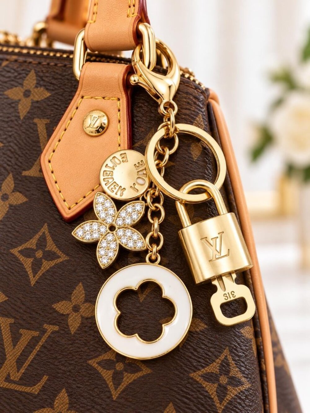 Authentic Louis Vuitton Gold Lock 🔒 Unbranded Flower Keychain Bag Charm LV